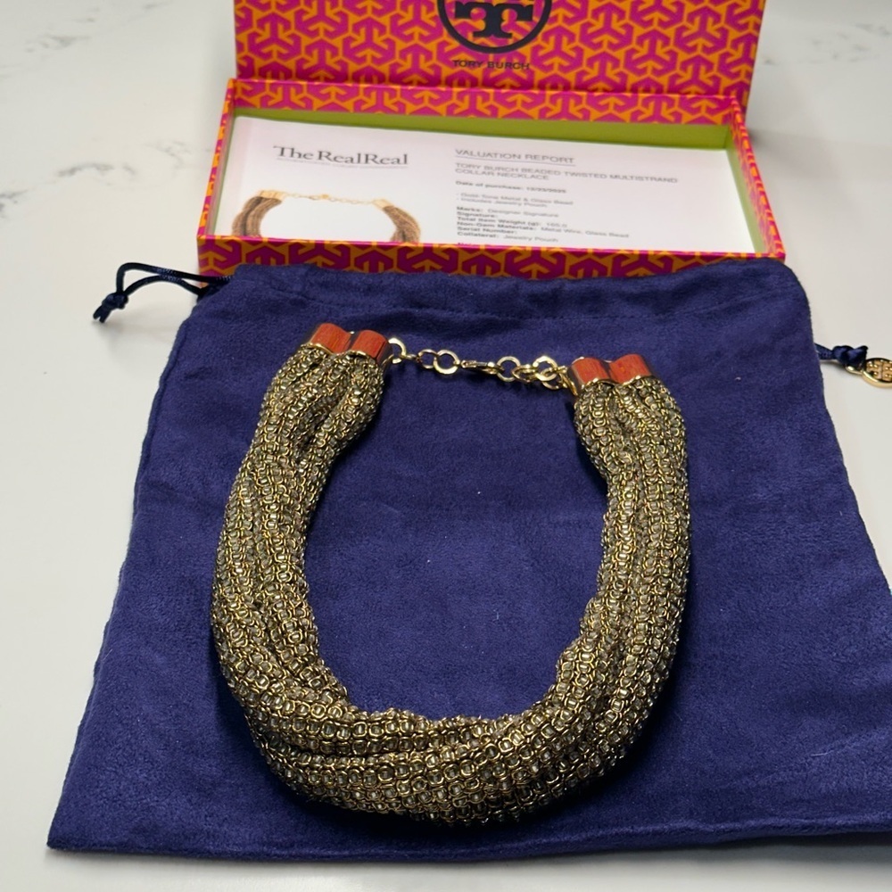 Tory Burch Twisted Multi-strand Collar Necklace, Gold Tone Metal, Wire & Glass